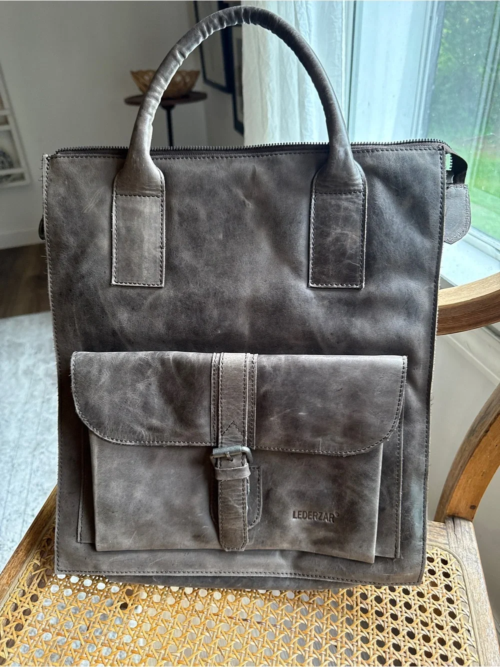 Lederzar Brown/Grey Leather Laptop Travel Tote Carryall Bag